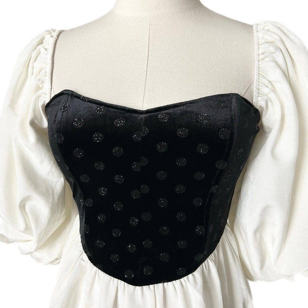 NEW For Love & Lemons Black White Velvet Polka Dot Puff Sleeve Mini Dress XS - Picture 3 of 6